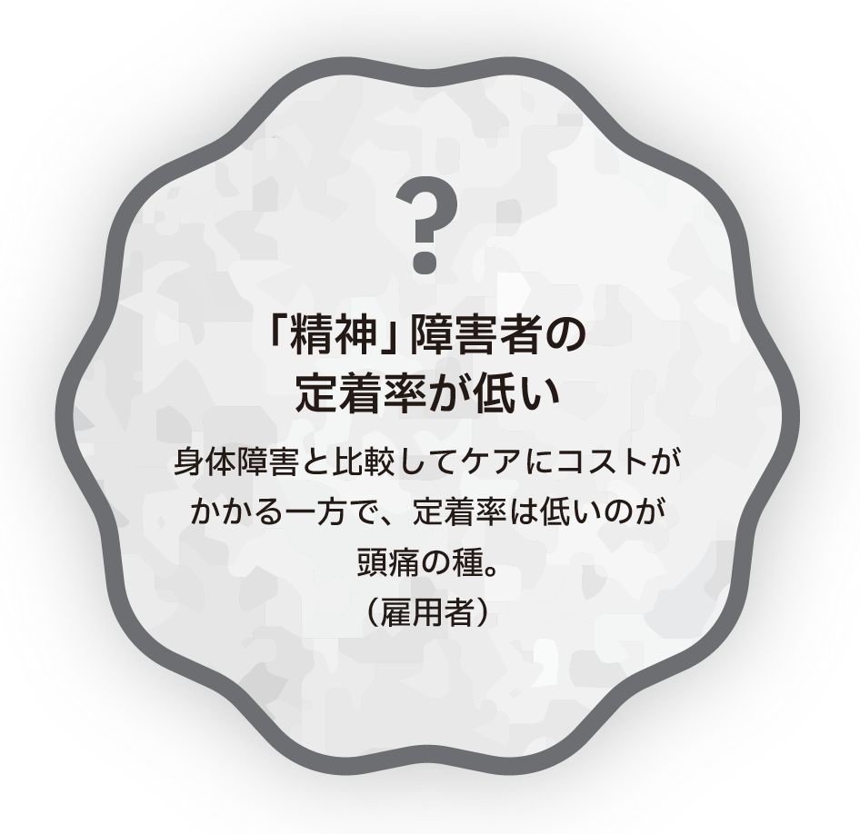 「精神」障害者の定着率が低い　身体障害と比較してケアにコストがかかる一方で、定着率は低いのが頭痛の種。（雇用者）