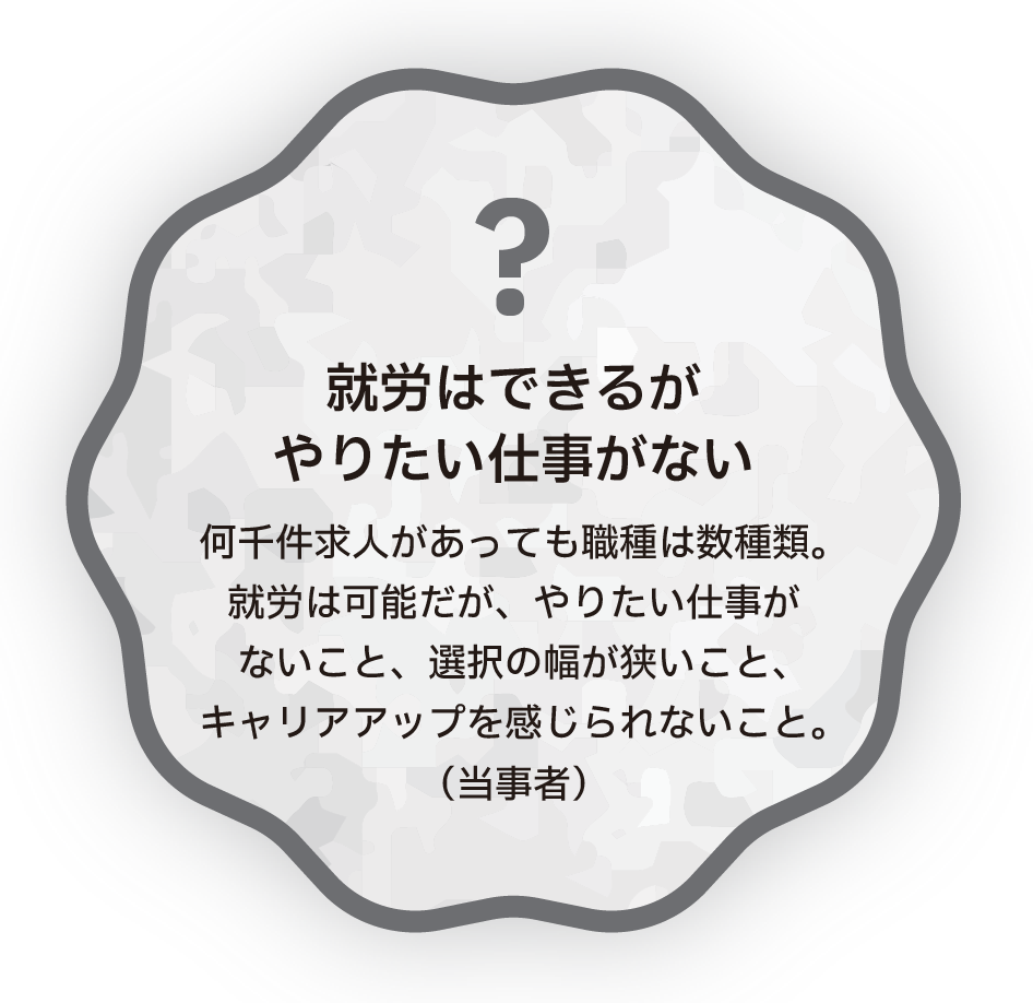 就労はできるがやりたい仕事がない　何千件求人があっても職種は数種類。就労は可能だが、やりたい仕事がないこと、選択の幅が狭いこと、キャリアアップを感じられないこと。（当事者）