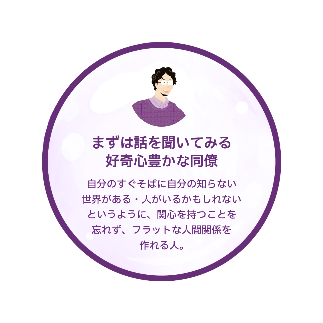 まずは話を聞いてみる好奇心豊かな同僚　自分のすぐそばに自分の知らない世界がある・人がいるかもしれないというように、関心を持つことを忘れず、フラットな人間関係を作れる人。